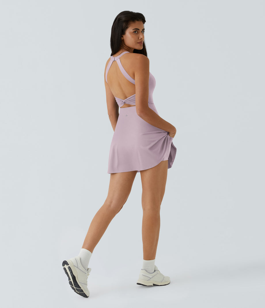 SoftlyZero™ Airy Backless Twisted Flare Low Support Dance Active Dress-Longer Length-Easy Peezy Edition A-D Cups - Pink Purple
