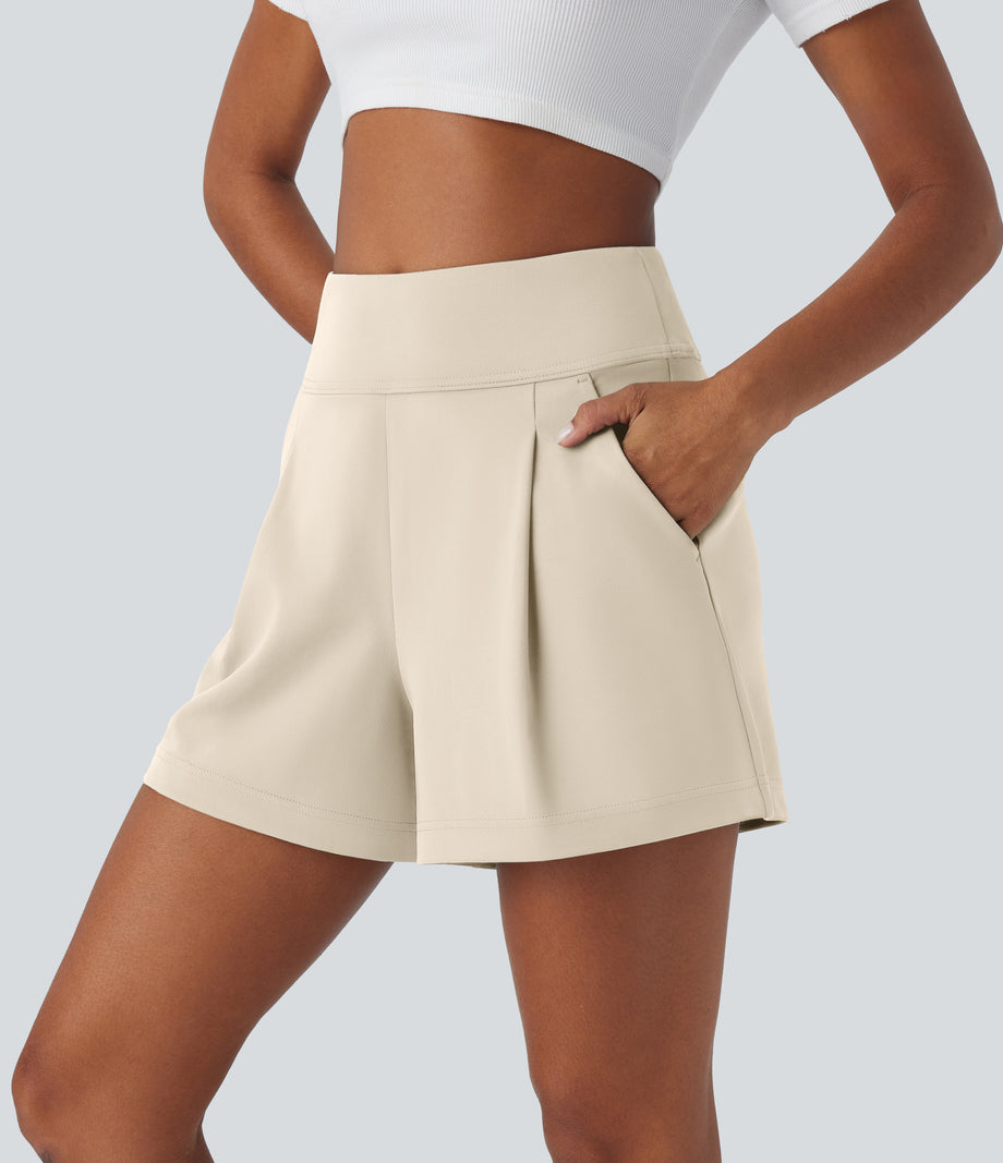 DayStretch High Waisted Work Baggy Shorts 4'' with Pockets - Oat Milk