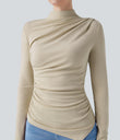 Mock-neck Long Sleeve Ruched Asymmetric Hem Thermal Casual Top - Brown Rice