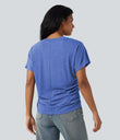 V-neck Short Sleeve Ruched Relaxed Casual Top - Sky Blue Floral Yarn