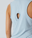 Cut Out Crossover Hem Solid Yoga Tank Top - Cool Ice Blue