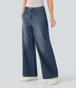 Halara Flex™ Low Rise Zipper Pockets Washed Baggy Wide Leg Casual Jeans - Cedar Blue Denim