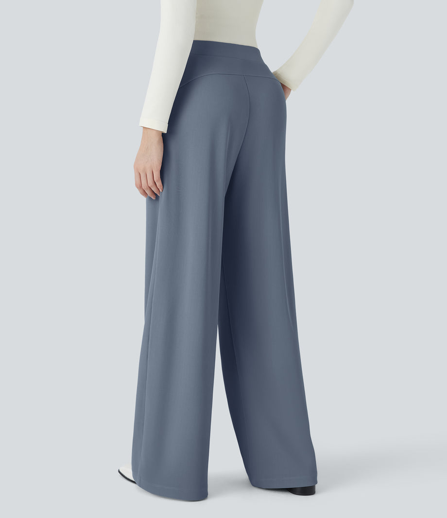 Halara Flex™ High Waisted Body Sculpt Waist-Slimming Pocket Wide Leg Micro Waffle Work Pants - Deep Sea Gray Blue