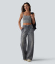 Mid Rise Denim Print French Terry Casual Sweatpants Jeans with Pockets - Painted Vintage Blue