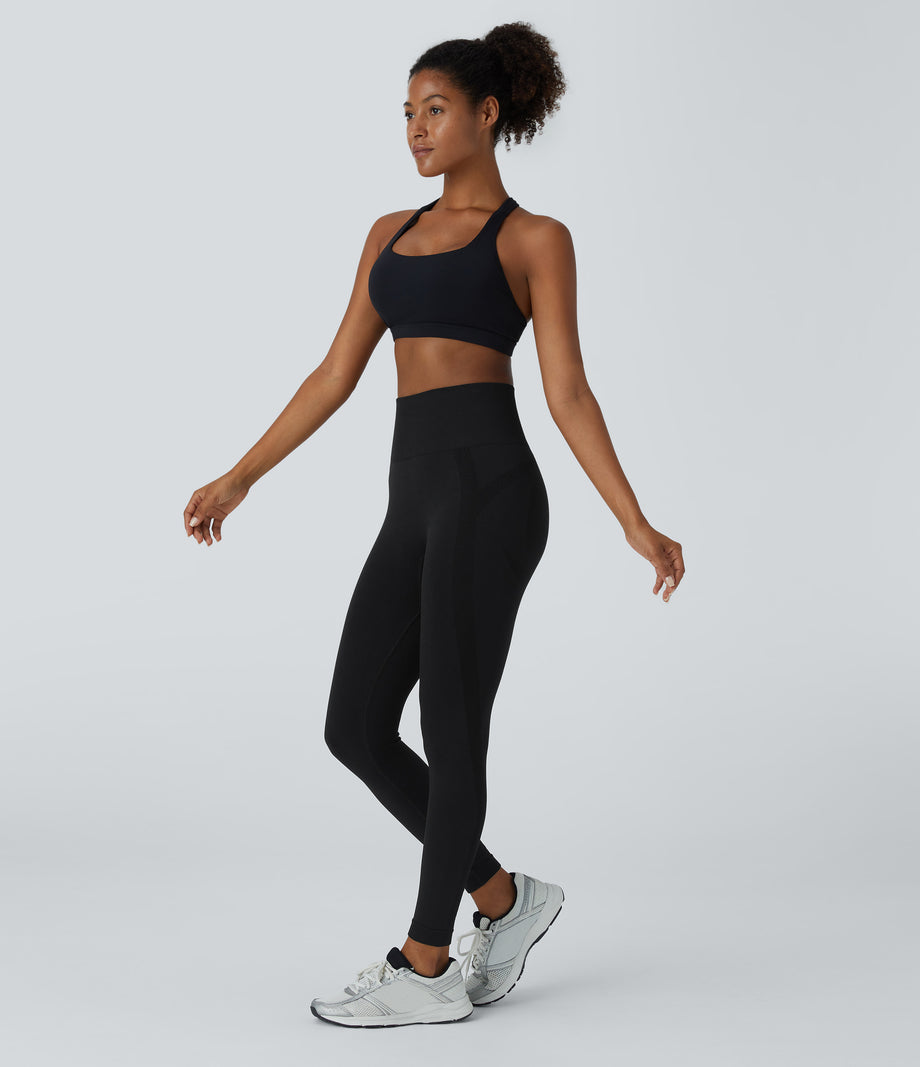 OneForm Seamless Flow High Waisted Ruched 7/8 Yoga Leggings - Black