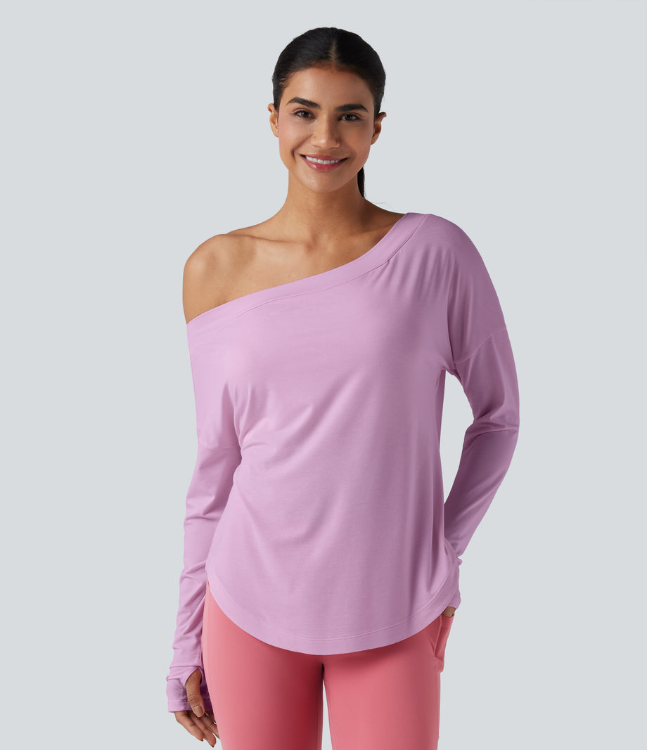 One Shoulder Long Sleeve Thumb Hole Curved Hem High Low Quick Dry Yoga Sports Top-Built-in Bra - Orchid Bouquet