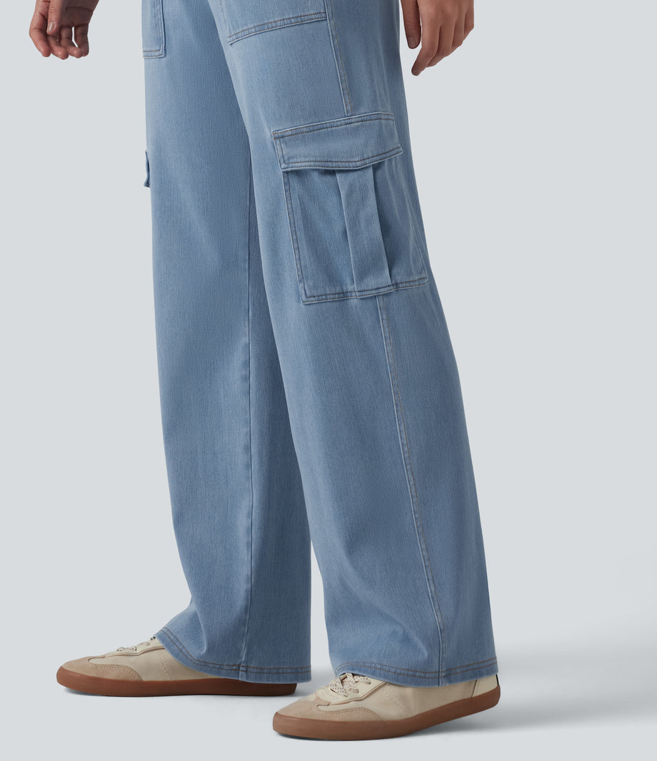 Halara Flex™ Mid Rise Pockets Straight Leg Casual Cargo Jeans - Light Blue – Glacier Light Blue