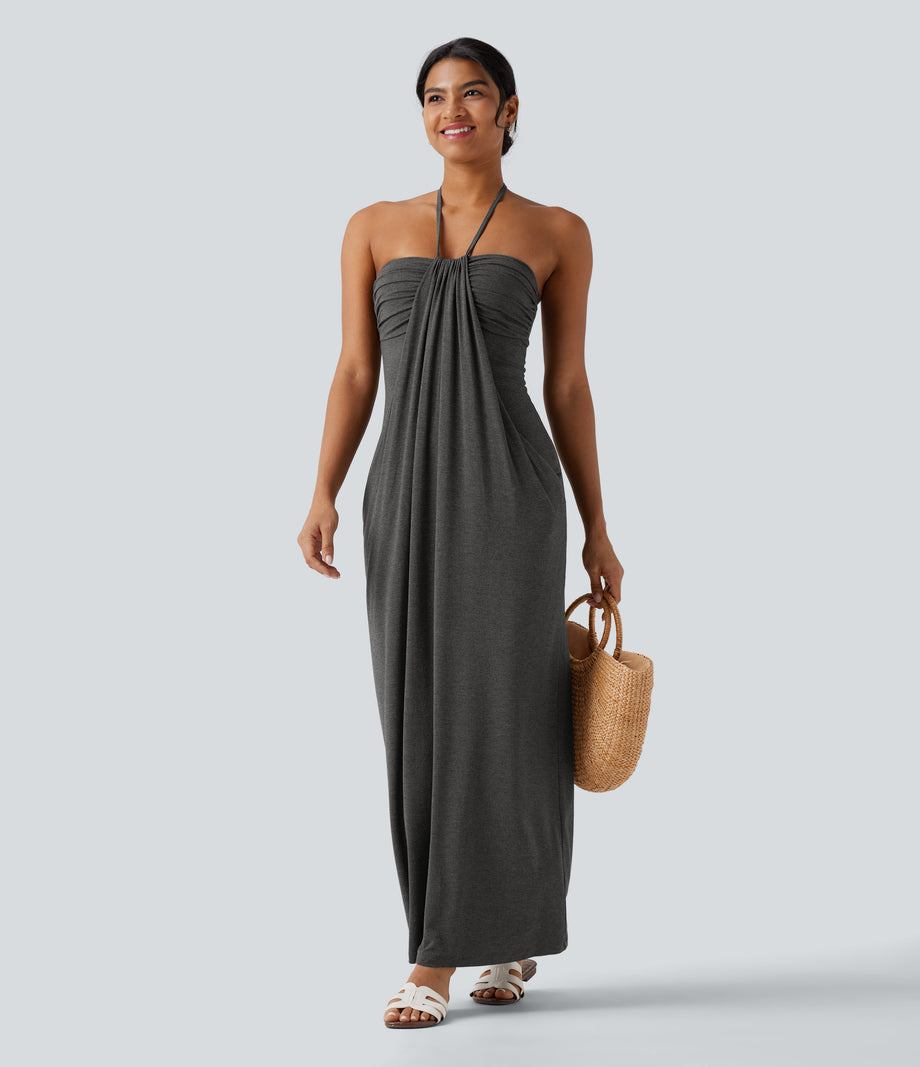 Halter Tie Back Maxi Dress with Pockets - Darl Gray Floral Yarn