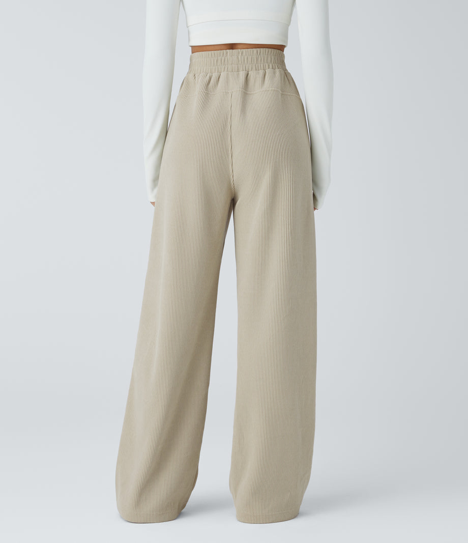 High Waisted Pocket Straight Leg Baggy Mop Corduroy Casual Pants - Almond Milk