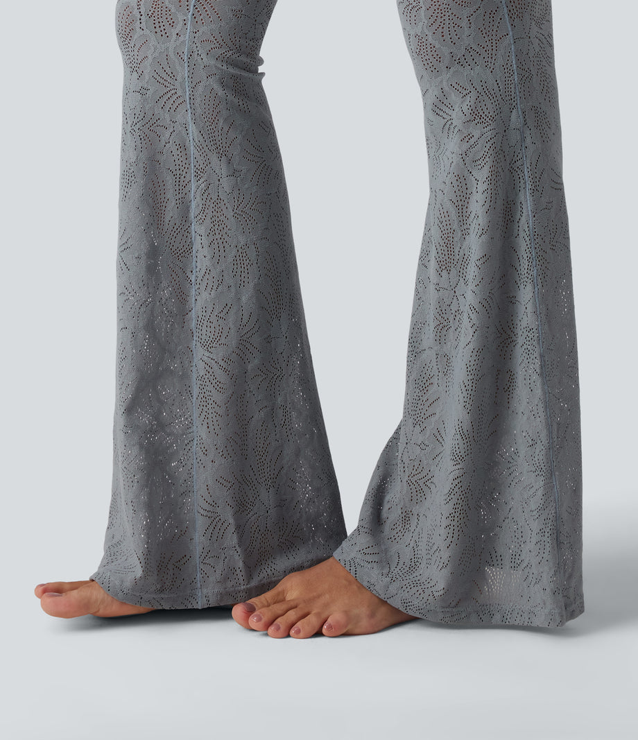 Halara UltraSculpt™ High Waisted Tummy Control Contrast Lace Yoga Flare Leggings with Pocket - Blue Flower Gray