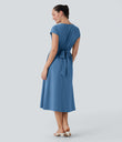 Breezeful™ V Neck Short Sleeve Pocket Tie Back Quick Dry Midi Casual Dress - Pacific Coast