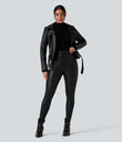 High Waisted Stretchy PU Fleece Casual Leggings with Pockets - Black