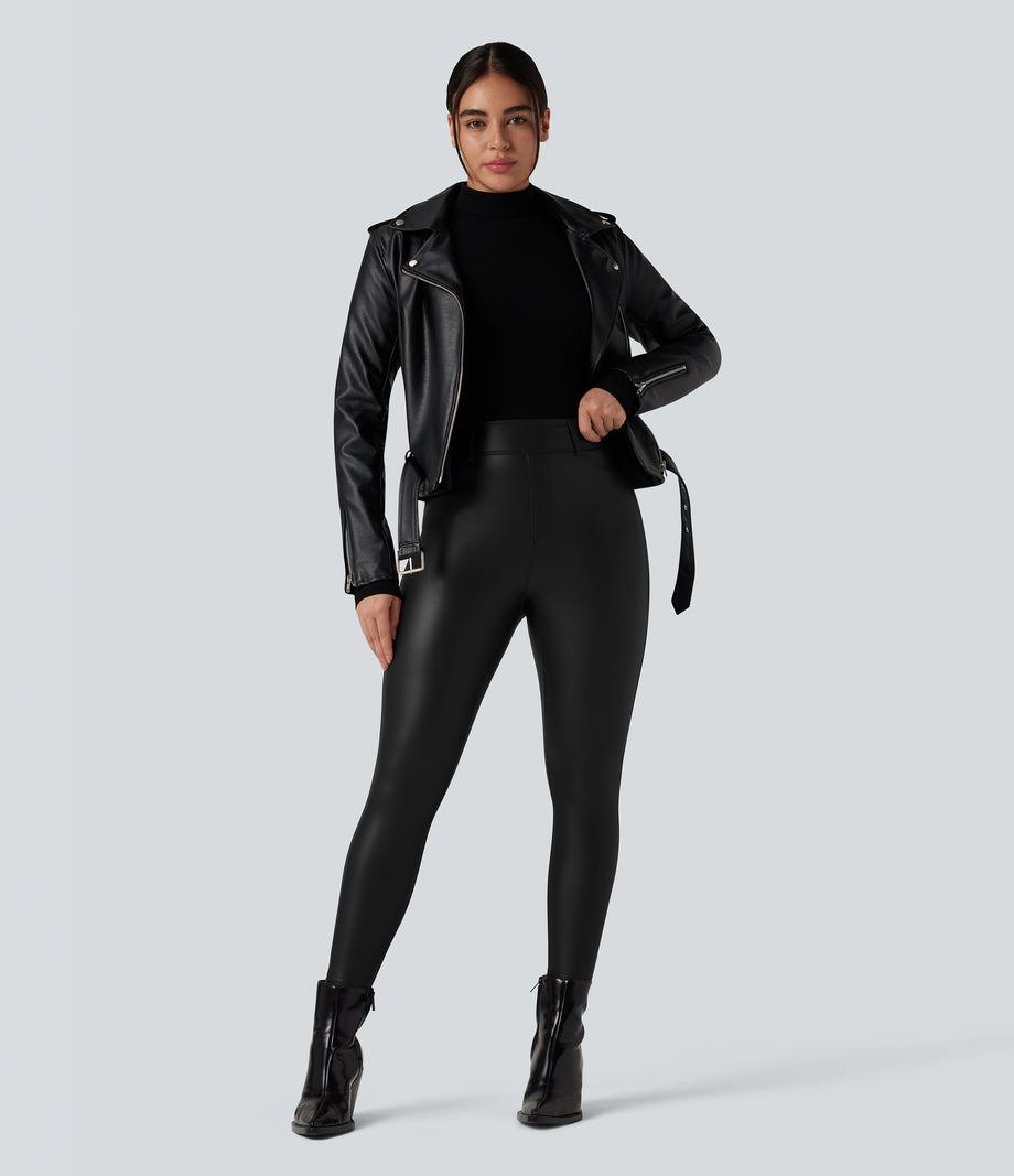 High Waisted Stretchy PU Fleece Casual Leggings with Pockets - Black