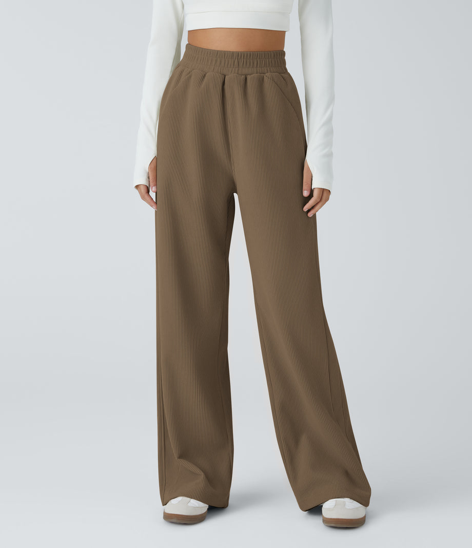 High Waisted Pocket Straight Leg Baggy Mop Corduroy Casual Pants - Chestnut Brown
