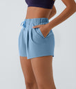 High Waisted Elastic Waistband Drawstring Pleated Yoga Shorts 3" with Pockets - Blue Shadow