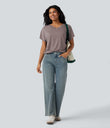 V-neck Short Sleeve Ruched Relaxed Casual Top - Deep Tea Brown Floral Yarn