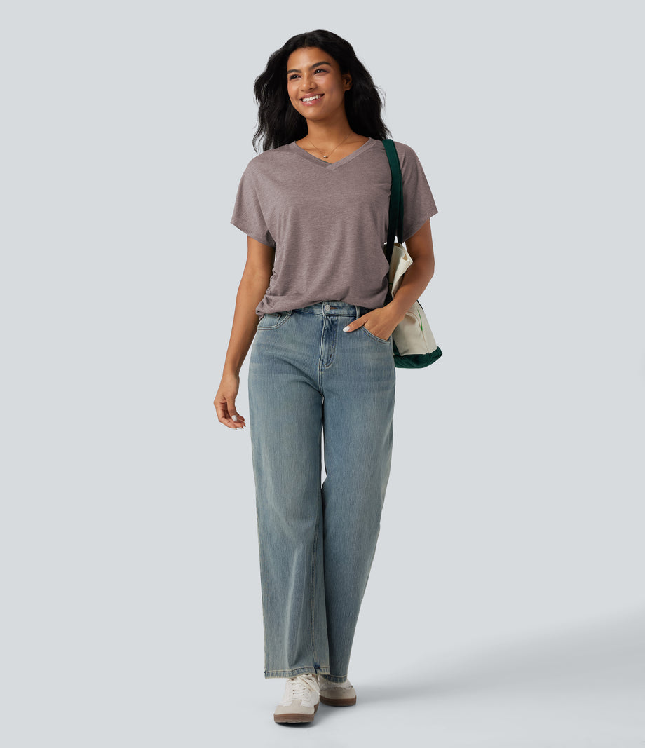 V-neck Short Sleeve Ruched Relaxed Casual Top - Deep Tea Brown Floral Yarn