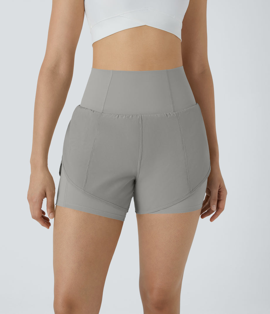 Breezeful™ Super High Waisted Curved Hem 2-in-1 Pocket Quick Dry Yoga Shorts 3.5'' - Greenish Grey