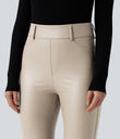 High Waisted Stretchy PU Fleece Casual Leggings with Pockets - French Oak