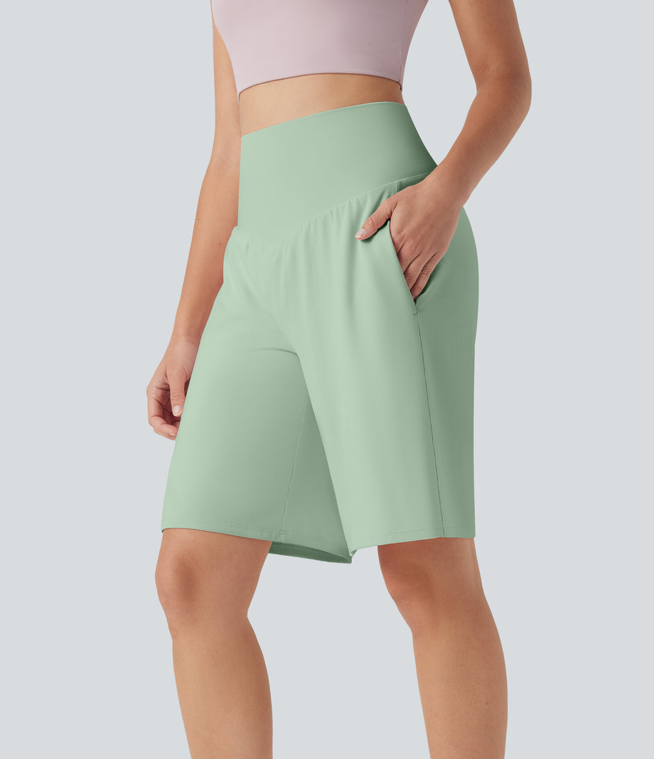 SoftlyZero™ Airy High Waisted Pockets Cool Touch Yoga Bermuda Shorts - Light Bean Green