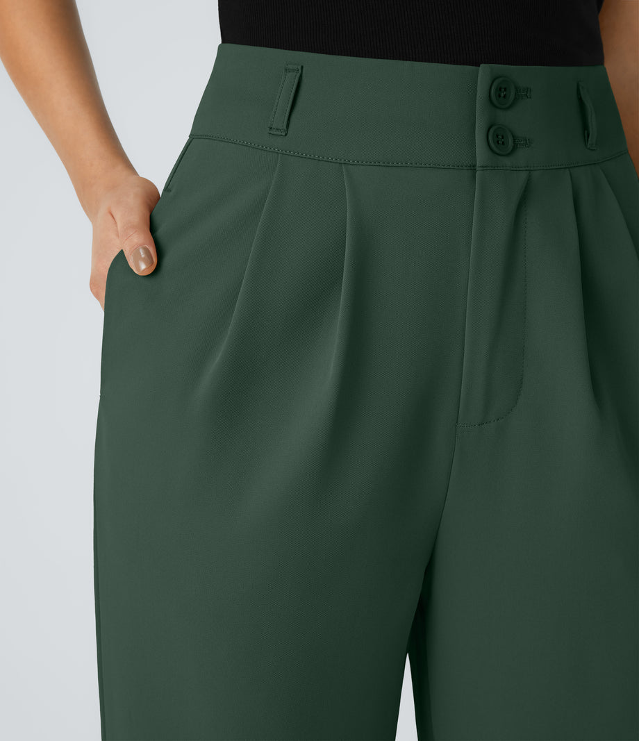 Halara Flex™ High Waisted Zipper Pocket Shirred Straight Leg Work Pants - Dark Green
