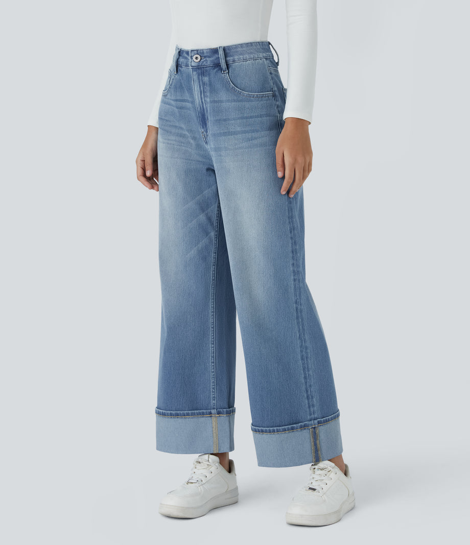 Halara Flex™ High Waisted Pockets Rolled Hem Wide Leg Washed Casual Jeans - Sea Blue Denim