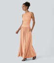 Ribbed Boat Neck Asymmetric Strap Ruched Pocket Flowy Maxi Casual Dress - Sunset Orange