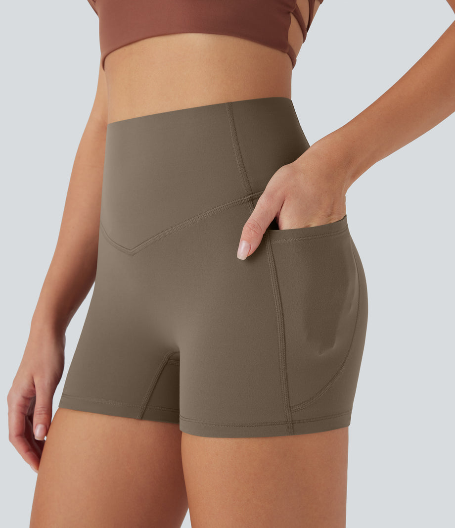 Halara UltraSculpt™ High Waisted Tummy Control Pocket Shaping Training Biker Shorts 3'' - Dawn Brown