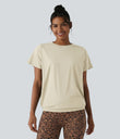 Round Neck Short Sleeve Ruched Cool Touch Yoga Sports Top-UPF50+ - Almond Milk