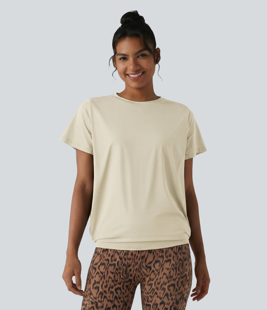 Round Neck Short Sleeve Ruched Cool Touch Yoga Sports Top-UPF50+ - Almond Milk