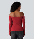 Ribbed Knit Off Shoulder Long Sleeve 2-in-1 Casual Top - Samba