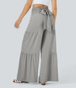 Breezeful™ High Waisted Shirred Tie Front & Back Wide Leg Flowy Quick Dry Casual Pants - Ghost Gray
