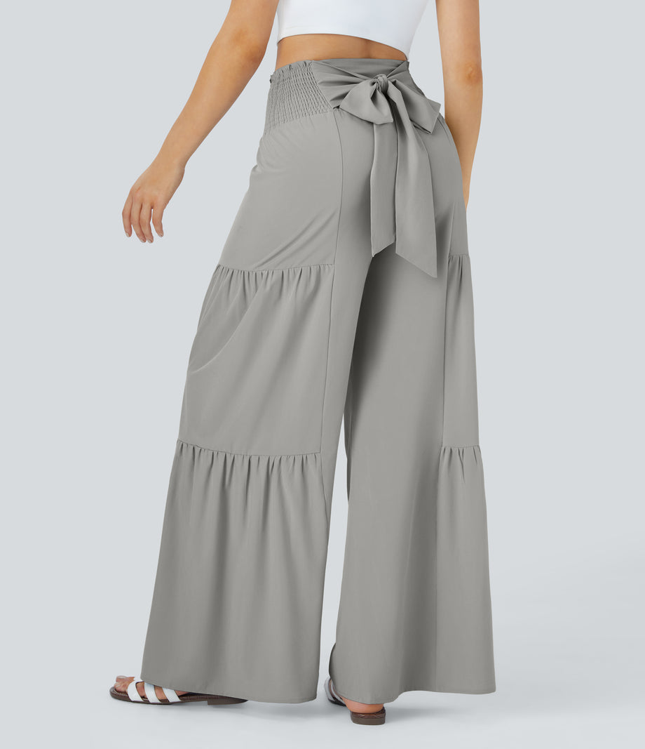 Breezeful™ High Waisted Shirred Tie Front & Back Wide Leg Flowy Quick Dry Casual Pants - Ghost Gray
