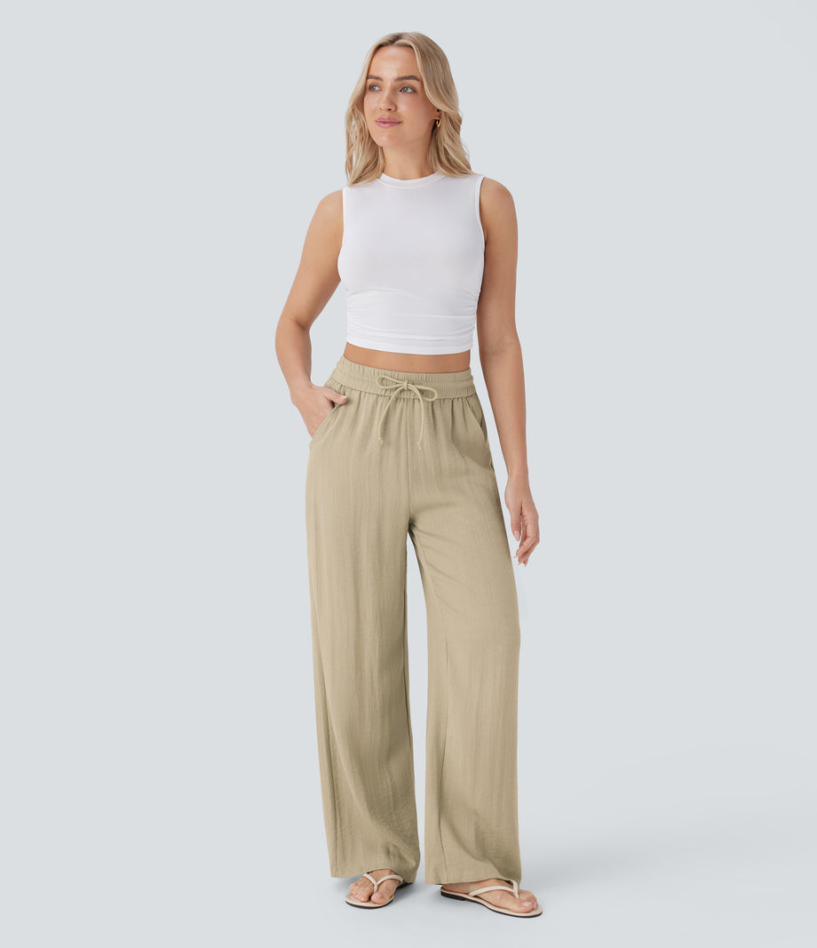 High Waisted Drawstring Pocket Wide Leg Baggy Casual Linen-Feel Pants - Fields of Rye