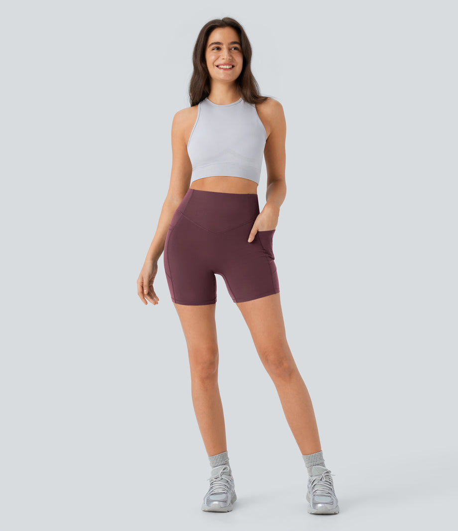 Halara UltraSculpt™ High Waisted Scrunch Butt Lifting Tummy Control Pocket Shaping Workout Biker Shorts 5'' - Evening Red