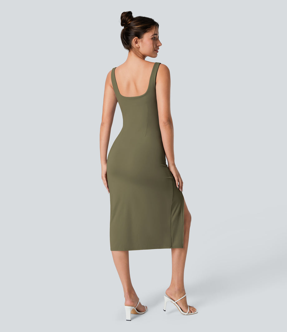SoftlyZero™ Airy Square Neck Backless Corset Ruched Split Bodycon Midi Cool Touch Bridesmaid and Wedding Guest Dress - Withered Green