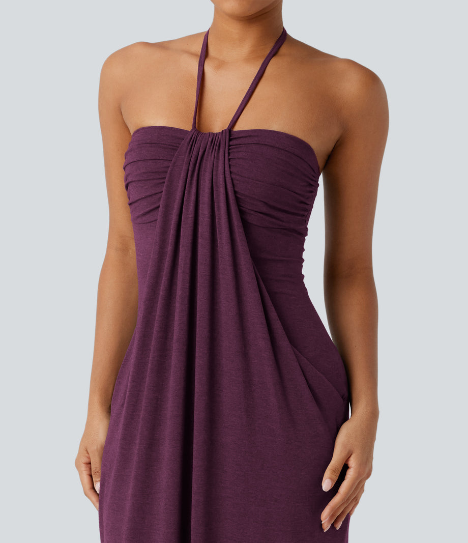 Halter Tie Back Maxi Dress with Pockets - Fig