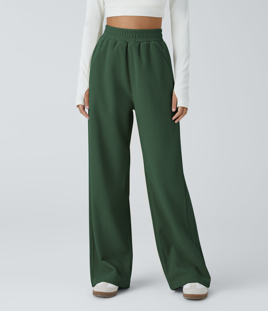 High Waisted Pocket Straight Leg Baggy Mop Corduroy Casual Pants - Greener Pastures