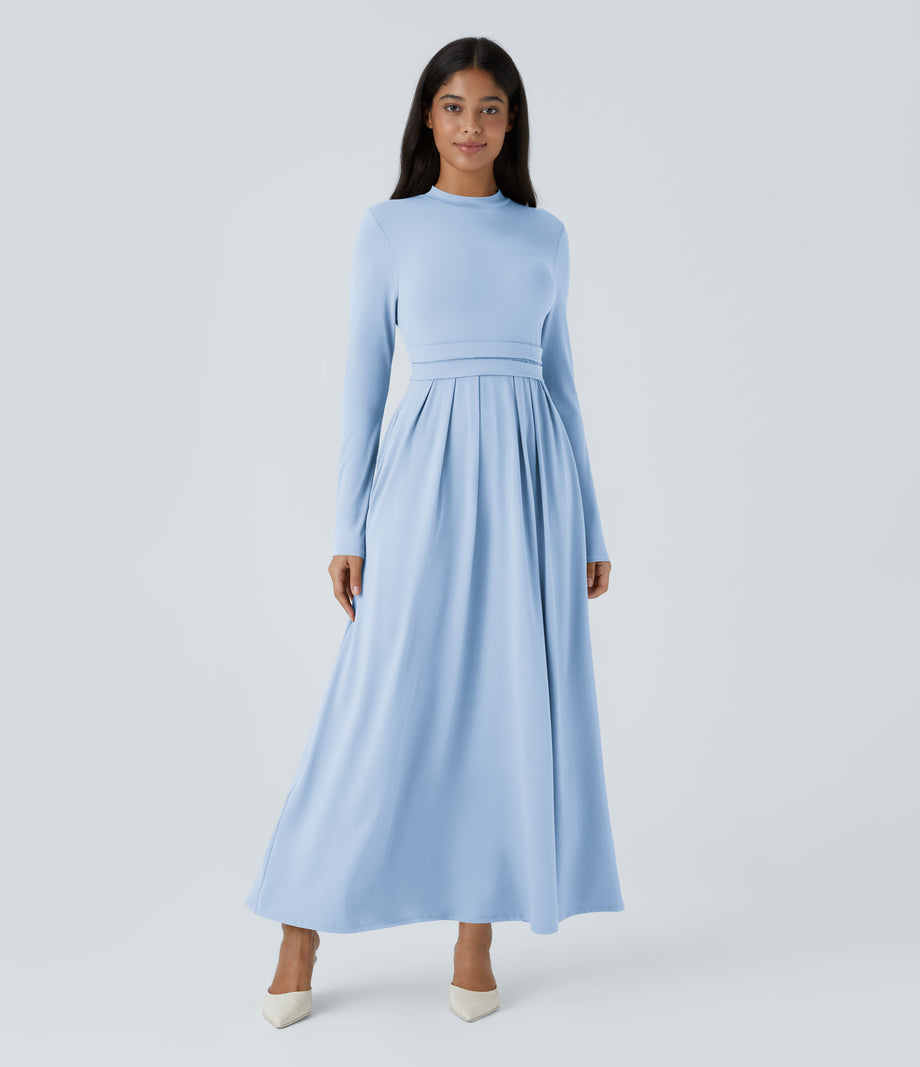 Mock-neck Long Sleeve Pocket Flare Maxi Casual Dress - Angel Falls