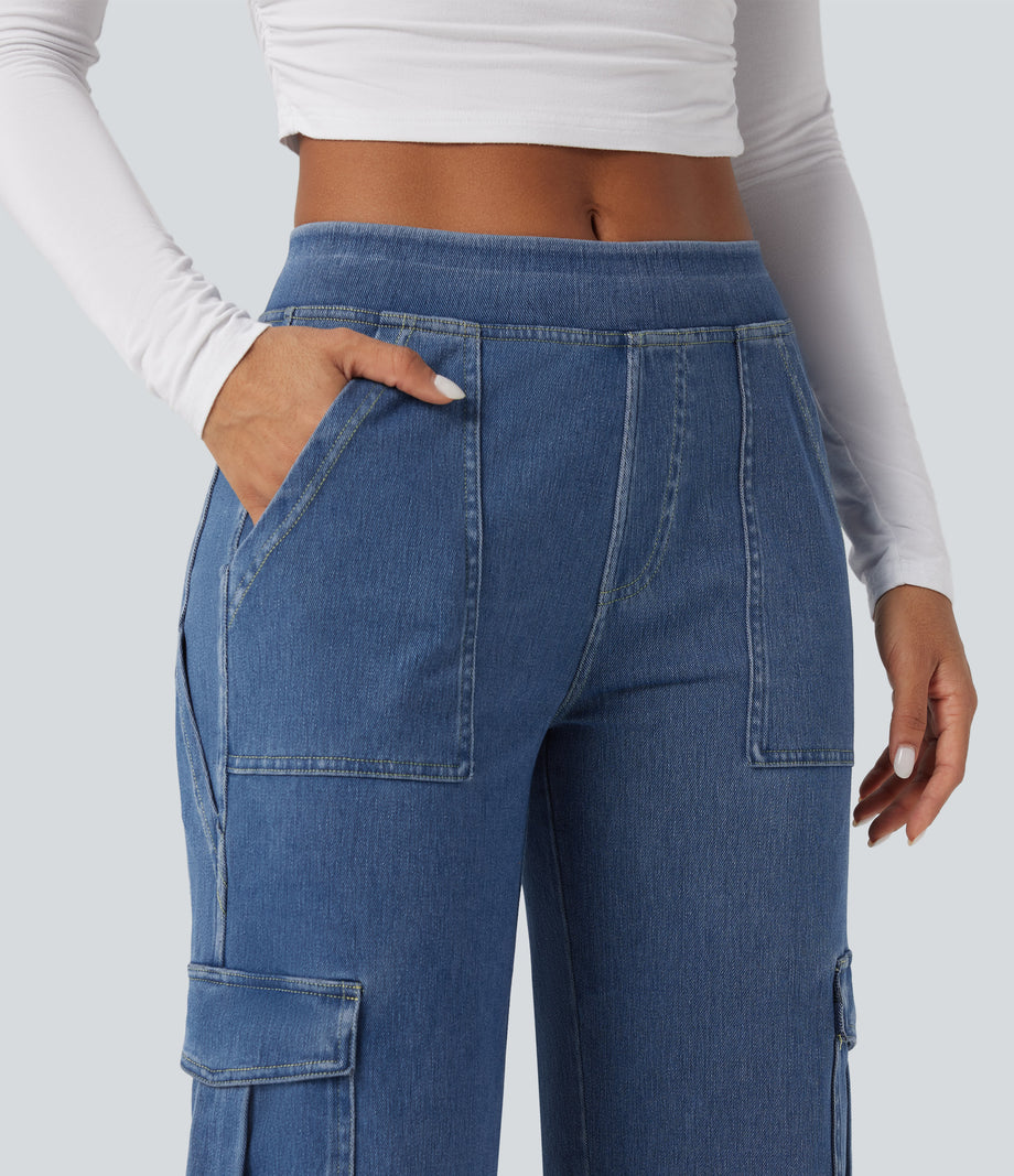 Halara Flex™ Mid Rise Pockets Straight Leg Casual Cargo Jeans - Light Floral Blue Denim