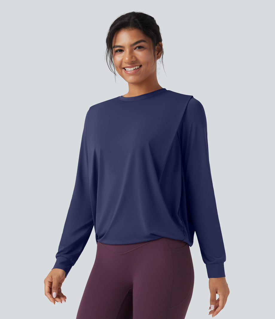 Round Neck Long Sleeve Ruched Yoga Sports Top-UPF50+ - Patriot Blue