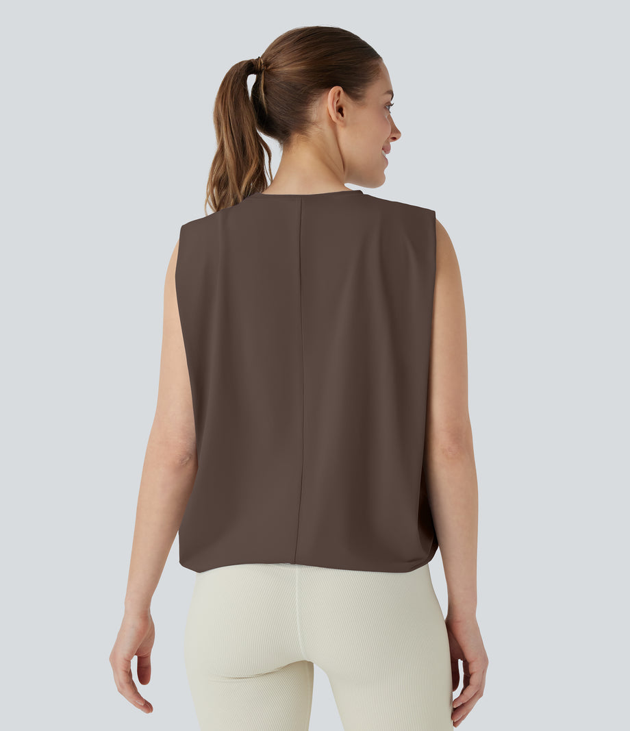 Round Neck Ruched Cool Touch Yoga Tank Top-UPF50+ - Chocolate Martini