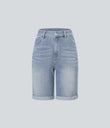 Halara Flex™ High Waisted Pockets Rolled Hem Washed Denim Casual Bermuda Shorts - Malibu Blue Denim
