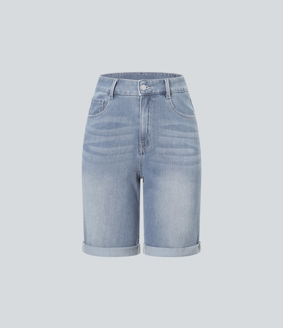 Halara Flex™ High Waisted Pockets Rolled Hem Washed Denim Casual Bermuda Shorts - Malibu Blue Denim