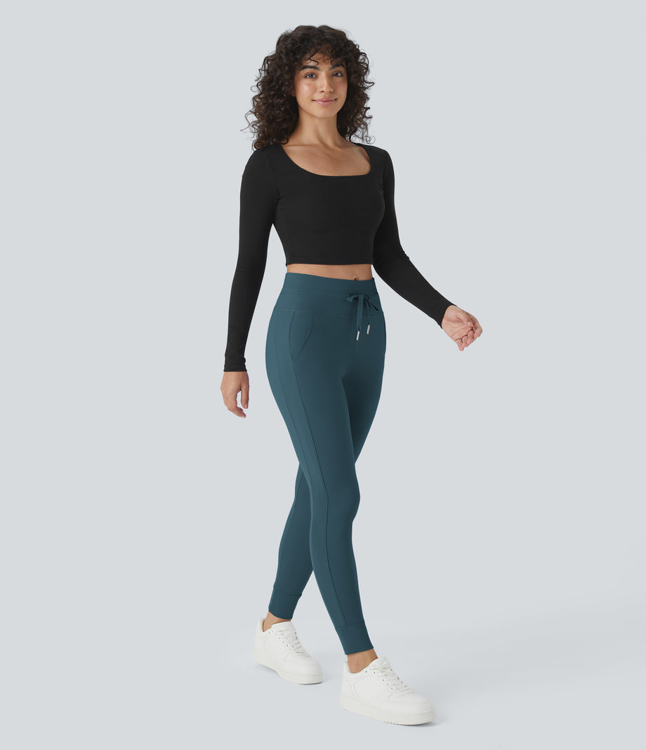 SoftlyZero™ Plush High Waisted Drawstring Pocket Plain Full Length Joggers - Oxford Blue