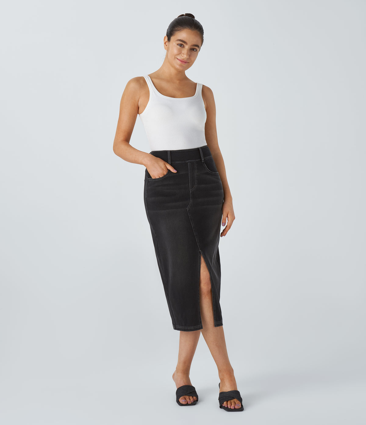 Halara Flex™ High Waisted Pockets Bodycon Washed Denim Casual Midi Skirt - Carbon Paint Denim