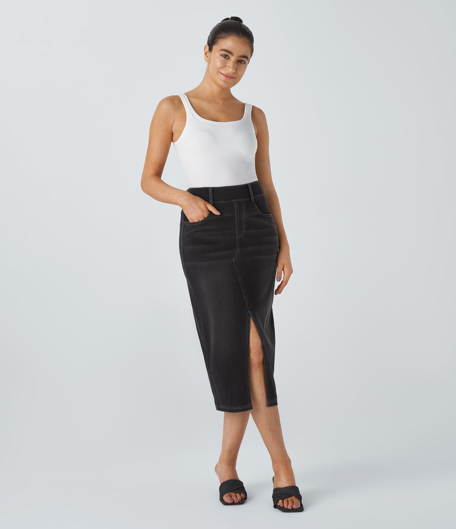 Halara Flex™ High Waisted Pockets Bodycon Washed Denim Casual Midi Skirt - Carbon Paint Denim