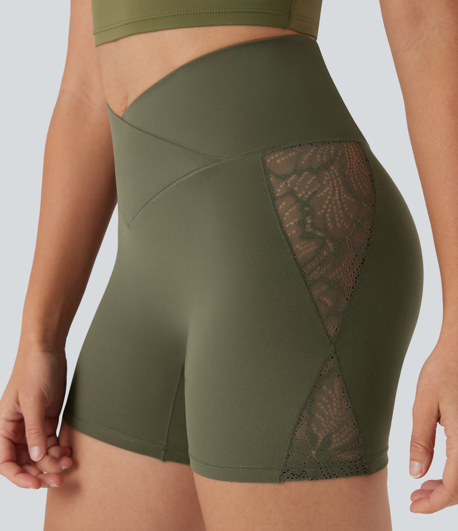 SoftlyZero™ High Waisted Crossover Contrast Lace Pocket Yoga Biker Shorts 5''-UPF50+ - Grass Grey Green