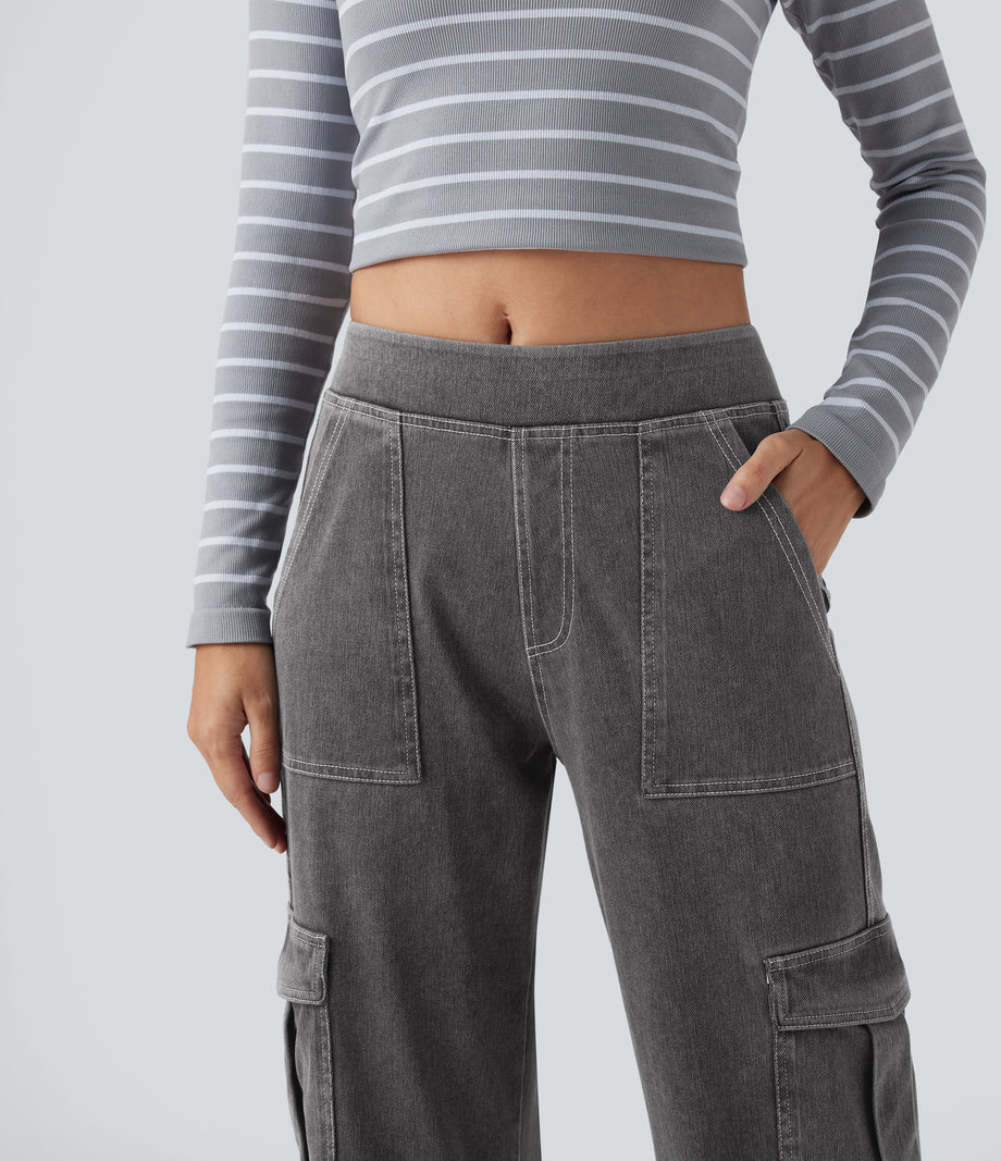 Halara Flex™ Mid Rise Pockets Straight Leg Casual Cargo Jeans - Cool Gray Denim