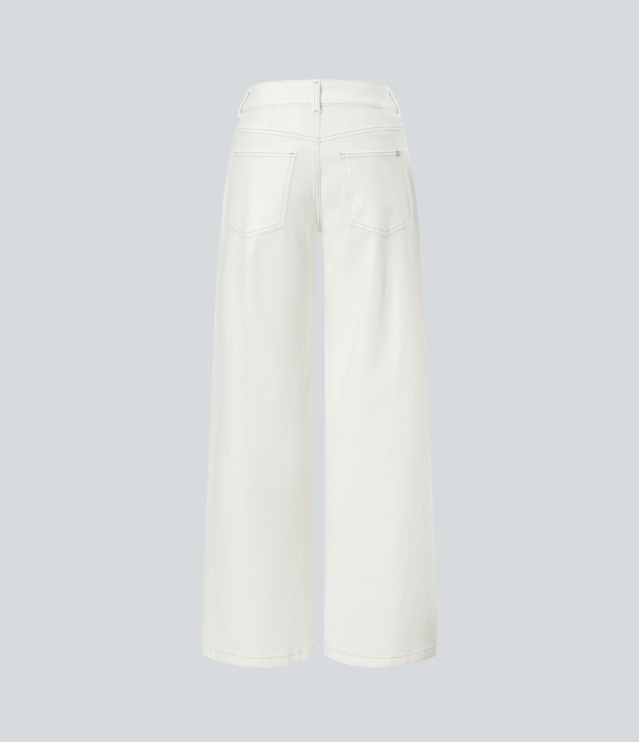 Halara Flex™ Low Rise Zipper Pockets Washed Baggy Wide Leg Casual Jeans - Beige Denim